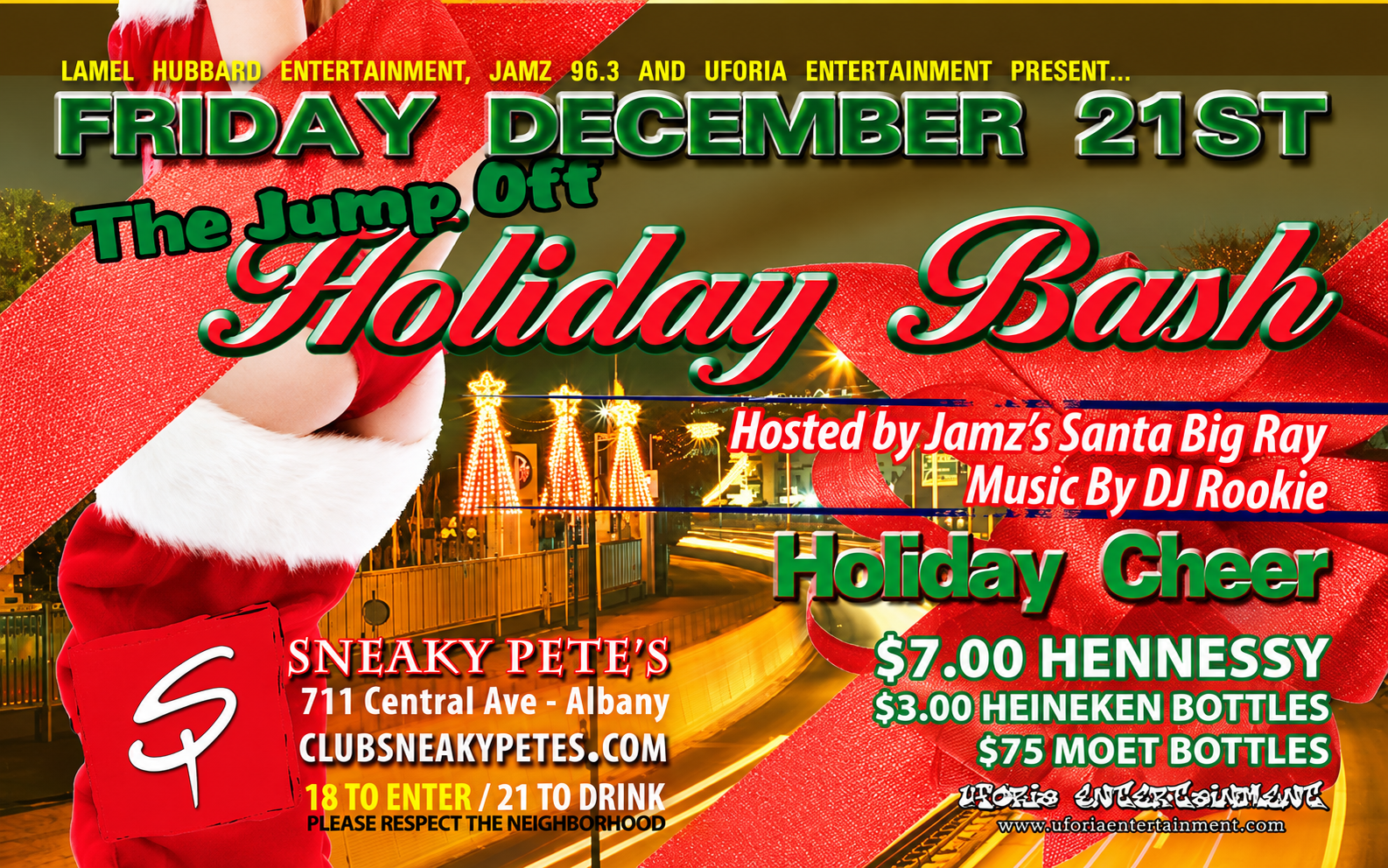 The Jump Off Holiday Bash at Sneaky Pete's portrait event flyer
